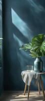 Vase with a monstera leaf on a wooden table against a blue wall photo