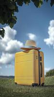 yellow suitcase with a blue sky and white clouds in the background. The hat sits atop it photo