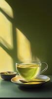 glass cup of green tea and spoon photo
