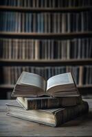 Old books on the wooden table in the library. Toned. photo
