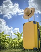 yellow suitcase is placed on the grass, with a blue sky in the background. The hat sits atop it photo