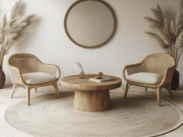 Interior of modern living room with beige walls, concrete floor, round wooden table with wicker chairs and round mirror. 3d rendering photo
