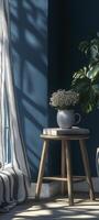 3d render of interior design with green plant in vase. photo