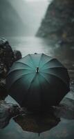 an umbrella with dark blue black colors in the water photo