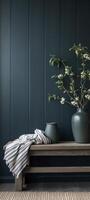 Vase with a branch of a tree on a wooden table. 3d rendering photo