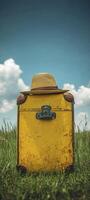 a yellow suitcase is placed on the grass, with a blue sky and white clouds in the background. The hat sits atop it photo