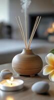 Aroma sticks in a wooden vase on a wooden table. photo