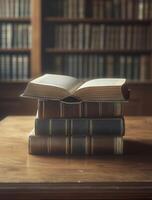 Books on the table in the library. Vintage style toned picture photo