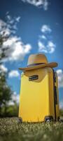 a yellow suitcase is placed on the grass, with a blue sky and white clouds in the background. hat sits atop it photo