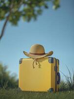 yellow suitcase is placed on the grass, with a blue summer sky and white clouds in the background. The hat sits atop it photo