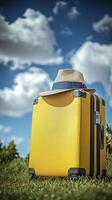yellow suitcase is placed on the field, with a blue sky and white clouds in the background. The hat sits atop it photo