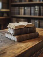 Old books on a wooden table in a library. Selective focus. photo