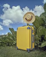 yellow suitcase is placed on the grass, with a blue sky and white clouds in the background. photo