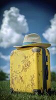 yellow suitcase is placed on the grass, with a blue sky and white clouds in the background. a hat sits atop it photo