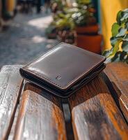 leather wallet on table photo