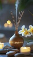 Aromatic reed diffuser and burning candles on table in spa salon photo