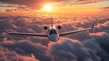 Private jet soaring above clouds during sunset, atmospheric flight scene. Luxury travel and aviation concept photo