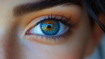 Close-up of a vibrant blue eye with colorful iris reflecting light photo