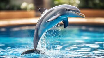Dolphin leaping out of pool with splash during daytime, fun and marine wildlife concept photo