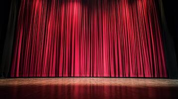 Red theater curtains closed on stage with wooden floor, dramatic ambiance. Performing arts and theater concept photo