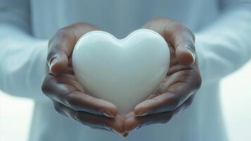 Hands holding a white heart-shaped object, symbol of care and love. Emotional and peaceful concept photo