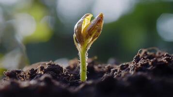 Young green seedling emerging from soil, close-up. Growth and nature concept photo