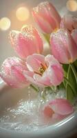 Pink tulips with water droplets in gentle light, delicate spring concept photo