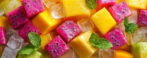 Colorful tropical fruit salad with ice cubes and mint leaves photo
