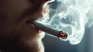 Close-up of a man smoking a cigarette, smoke swirling around, unhealthy habit and lifestyle concept photo