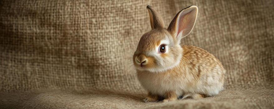 Brown bunny on burlap texture background, close-up. Adorable rabbit portrait and natural setting concept photo