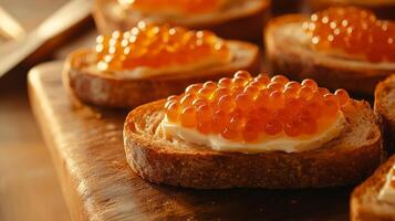 Red caviar on toasted bread with butter, close-up view. Gourmet appetizer and luxury delicacy concept photo