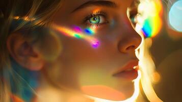 Close-up of woman's face with rainbow light reflections and soft bokeh. Ethereal beauty and light concept photo
