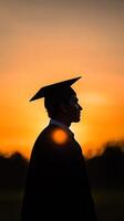 Silhouette of graduate in cap and gown at sunset, educational achievement concept photo