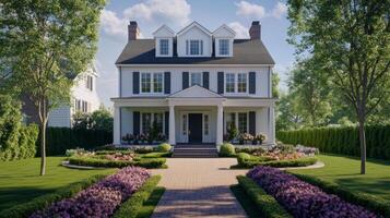 Colonial style house with manicured garden and symmetrical design, real estate and home architecture concept photo