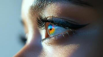 Close-up of human eye with colorful reflection, vibrant colors. Vision and perception concept photo
