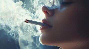 Close-up of a woman smoking a cigarette with smoke swirling around, atmospheric lighting. Health and lifestyle concept photo
