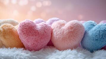 Soft plush heart-shaped pillows on a fluffy surface, romantic ambiance concept photo