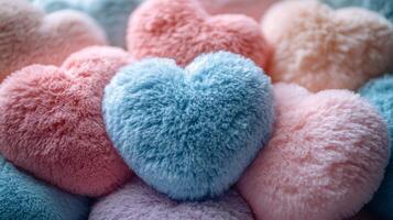 Fluffy multicolored heart-shaped pillows in a pile photo