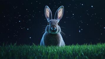 Rabbit in a grassy field at night under a starry sky, magical wildlife and tranquility concept photo