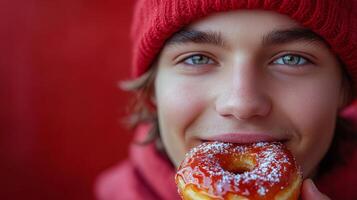 Young person with red beanie enjoying a glazed donut, vibrant and cheerful expression. Comfort food and cozy winter day concept photo