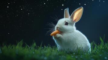 White rabbit eating carrot under night sky with stars, serene nature and innocence concept photo