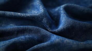 Close-up of textured blue denim fabric with folds, textile background and fashion concept photo