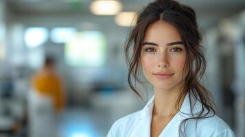 Portrait of a female scientist in a laboratory, smiling with confidence. Science and research concept photo