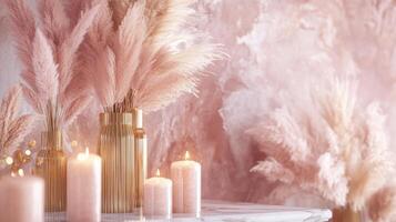 Soft pink pampas grass in gold vases with lit candles on marble surface, elegant decor concept photo