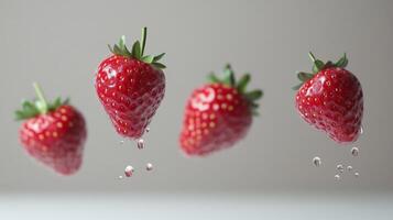 Floating fresh strawberries with water droplets against a neutral background. Creative food photography concept photo