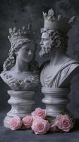 Marble busts of royal couple with crowns and pink roses, classical aesthetics concept photo