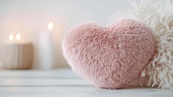 Pink heart-shaped fluffy pillow with cozy candles, romantic and serene home decor concept photo