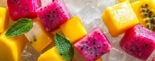 Fresh tropical fruit cubes on ice with mint leaves photo
