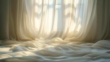 Sunlit bedroom with sheer curtains and soft morning light, serene ambiance. Peaceful home interior concept photo