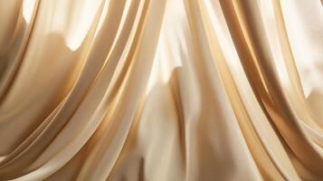 Cream colored silk curtain with soft drapes and elegant folds. Luxury texture and fashion material concept photo